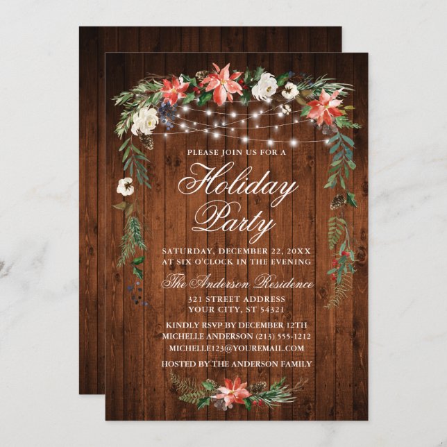 Invitación Watercolor Poinsettia Wood Lights Holiday Party (Anverso / Reverso)