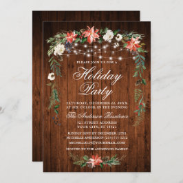 Invitación Watercolor Poinsettia Wood Lights Holiday Party