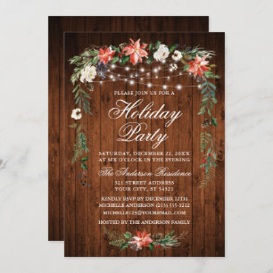 Invitación Watercolor Poinsettia Wood Lights Holiday Party