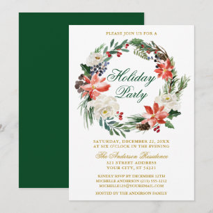 Invitación Watercolor Poinsettia Wreath Green Holiday Party