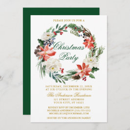 Invitación Watercolor Poinsettia Wreath Green Navidades Fiest