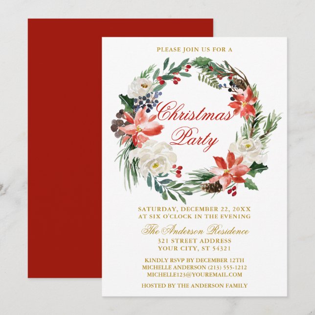 Invitación Watercolor Poinsettia Wreath Navidades rojos Fiest (Anverso / Reverso)