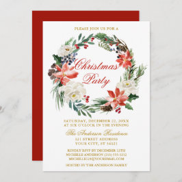 Invitación Watercolor Poinsettia Wreath Navidades rojos Fiest