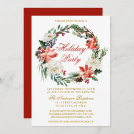 Invitación Watercolor Poinsettia Wreath Red Holiday
