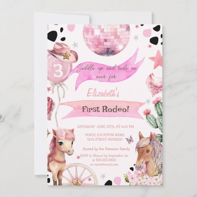 Invitación  Watercolor Pony Rodeo Polka Dots Birthday  (Anverso)