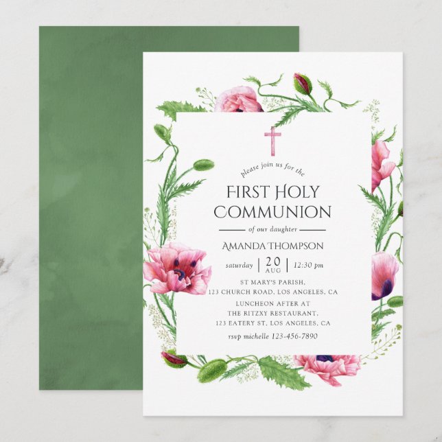 Invitación Watercolor Poppies Rosa Primera Comunión Santa (Anverso / Reverso)