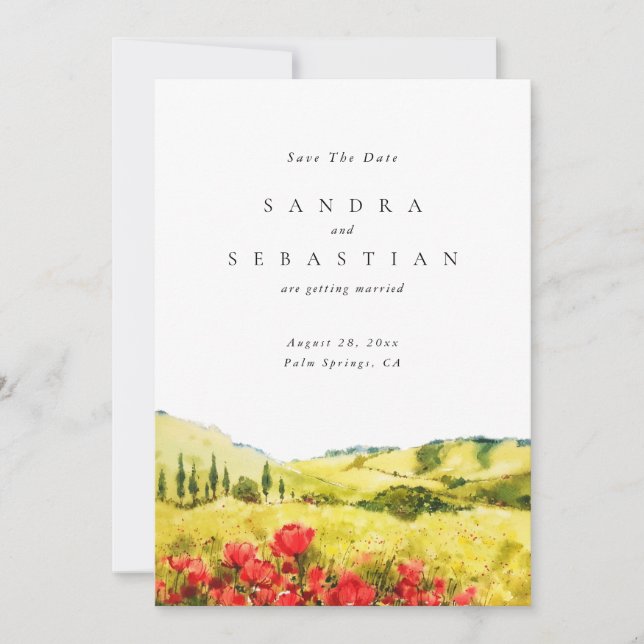 Invitación Watercolor Poppy Spring Wedding Guardar la fecha (Anverso)