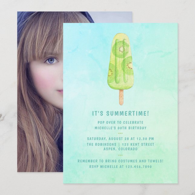 Invitación Watercolor Popsicle Summer Birday Party Foto (Anverso / Reverso)