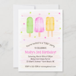Invitación Watercolor Popsicles Cute Chica Rosado Tercer cump