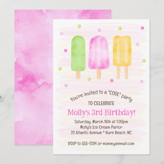 Invitación Watercolor Popsicles Cute Chica Rosado Tercer cump (Anverso / Reverso)