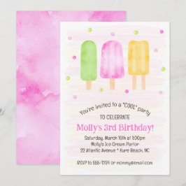 Invitación Watercolor Popsicles Cute Chica Rosado Tercer cump