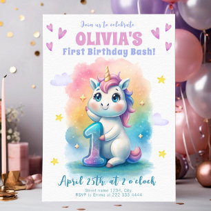 Invitación Watercolor Primer bebé Fiesta Unicornio
