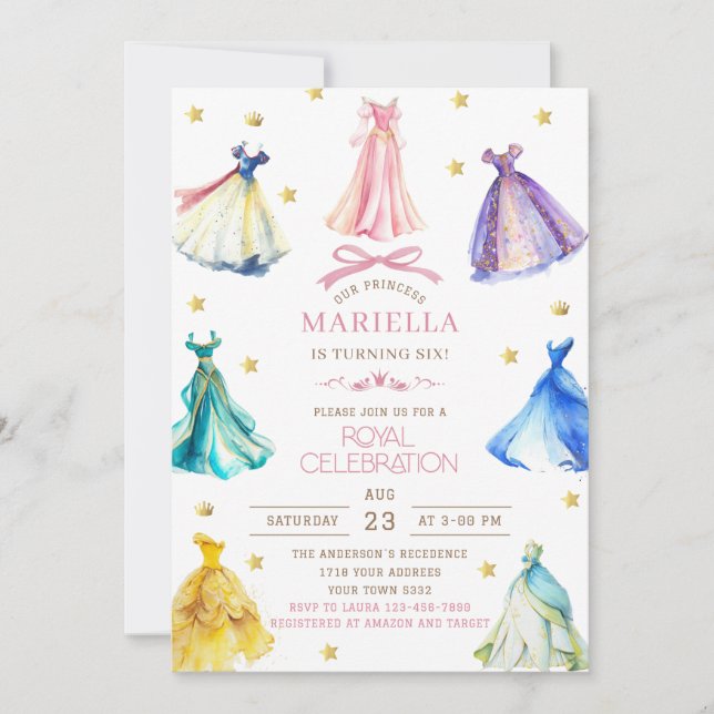 Invitación Watercolor Princess  Dress Birthday is turning six (Anverso)