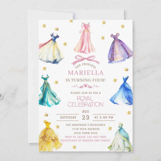 Invitación Watercolor Princess  Dress Birthday Royal birthday (Anverso)