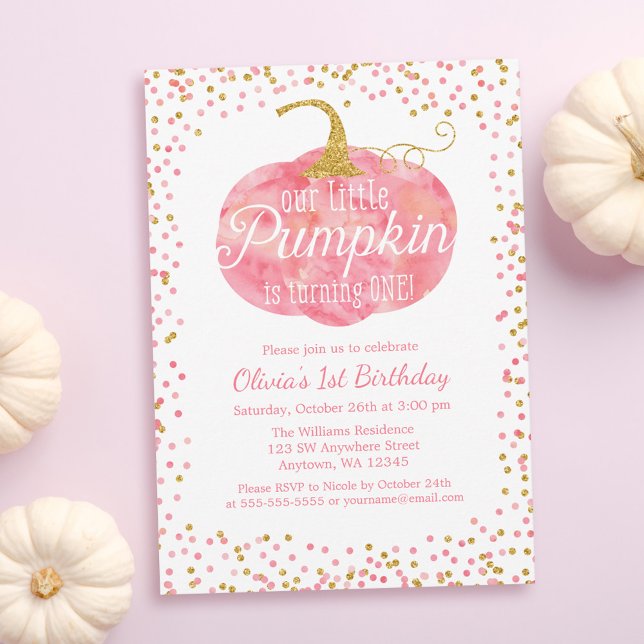 Invitación Watercolor Pumpkin Glitter Girl First Birthday (Subido por el creador)