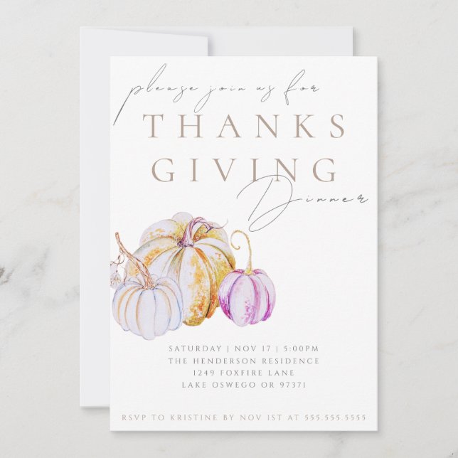 Invitación Watercolor Pumpkin Thanksgiving Dinner Invitation (Anverso)