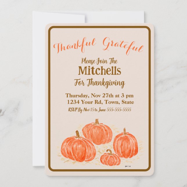 Invitación Watercolor Pumpkins Thankful Grateful  (Anverso)