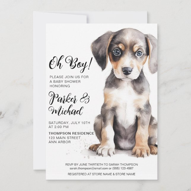 Invitación Watercolor Puppy Baby Shower (Anverso)