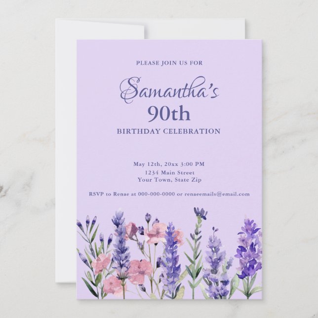 Invitación Watercolor Purple Floral 90th Birthday Party (Anverso)