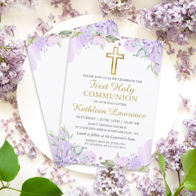 Invitación Watercolor Purple Floral Girl First Holy Communion (Subido por el creador)