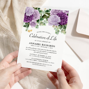 Invitación Watercolor Purple Florals Celebración de la Vida
