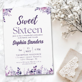 Invitación Watercolor Purple Flowers Sweet Sixteen