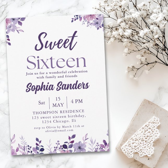 Invitación Watercolor Purple Flowers Sweet Sixteen (Subido por el creador)