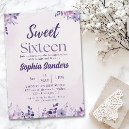 Invitación Watercolor Purple Flowers Sweet Sixteen
