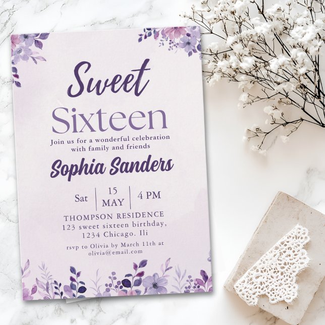 Invitación Watercolor Purple Flowers Sweet Sixteen (Subido por el creador)