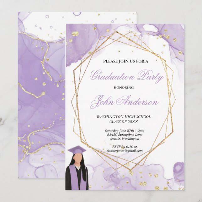 Invitación Watercolor Purple Gold Marble Graduation Party  (Anverso / Reverso)