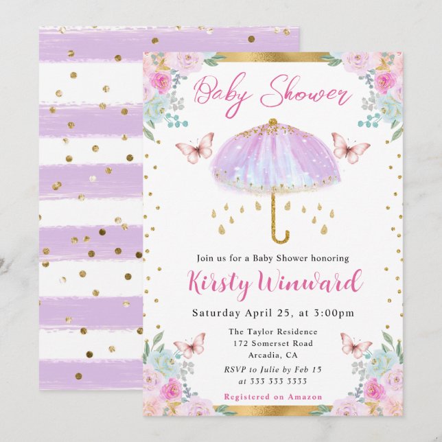 Invitación Watercolor Purple Gold Spring Baby Shower (Anverso / Reverso)