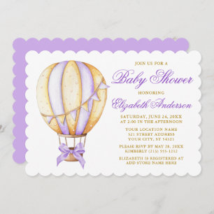Invitación Watercolor Purple Hot Air Balloon Bow Baby Shower