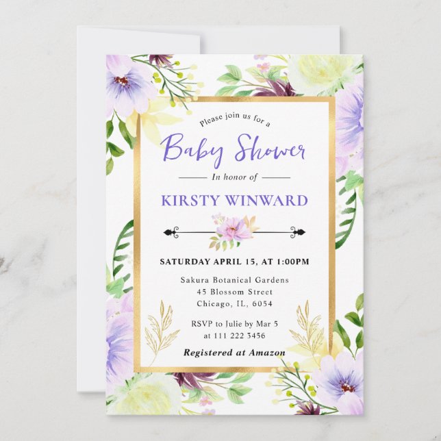 Invitación Watercolor Purple Summer Flowers Baby Shower (Anverso)