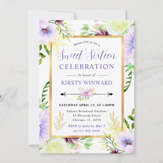 Invitación Watercolor Purple Summer Flowers Sweet 16 (Anverso)