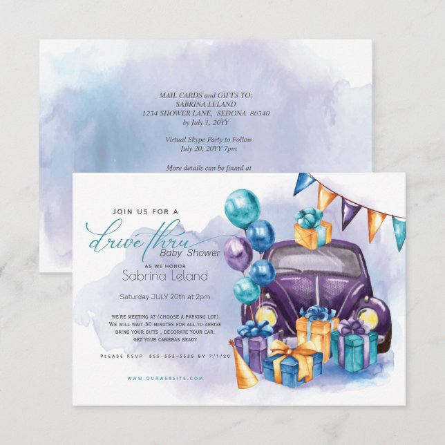 Invitación Watercolor Purple Verde azulada Drive-Thru Baby Sh (Anverso / Reverso)