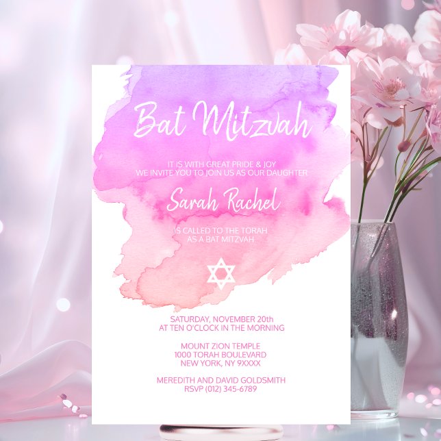 Invitación Watercolor Púrpura Estrella Rosa MITZVAH (Watercolor Purple Pink Peach Star BAT MITZVAH Invitation)