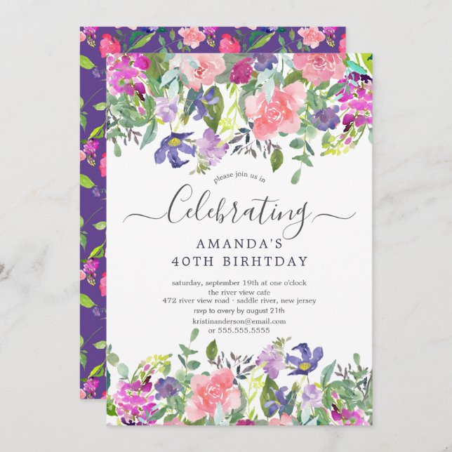 Invitación Watercolor Púrpura Floral Fiesta de cumpleaños (Anverso / Reverso)