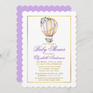 Invitación Watercolor Púrpura Floral Globo Baby Shower Gold