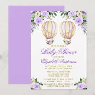 Invitación Watercolor Púrpura Floral Globos gemelos Baby Show
