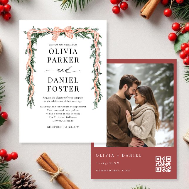 Invitación Watercolor QR Code Photo Bow Christmas Greenery (Subido por el creador)
