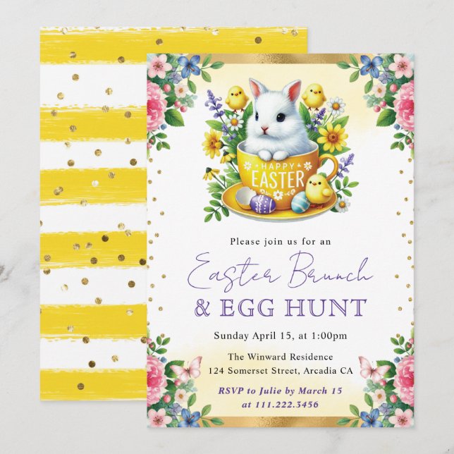 Invitación Watercolor Rabbit Spring Flowers Easter Brunch (Anverso / Reverso)