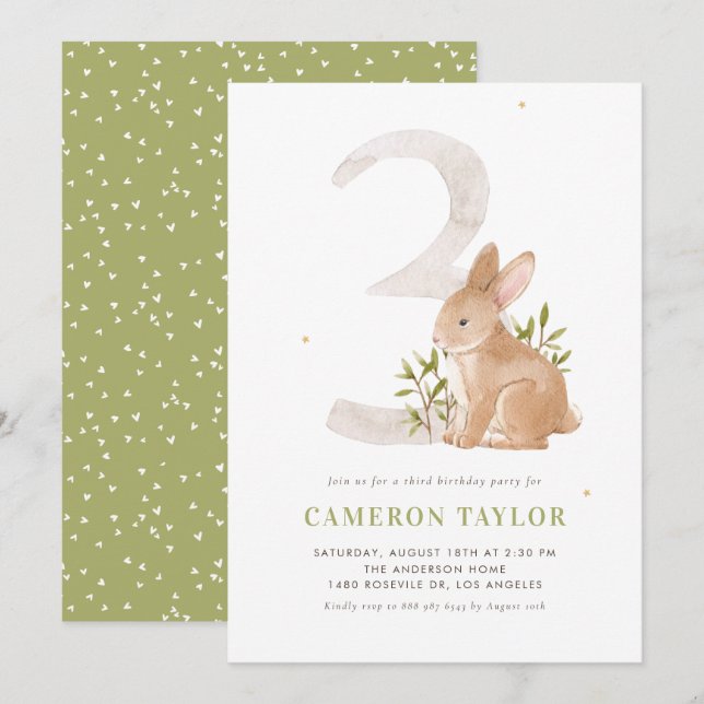 Invitación Watercolor Rabbit Woodland Tercer Cumpleaños Party (Anverso / Reverso)