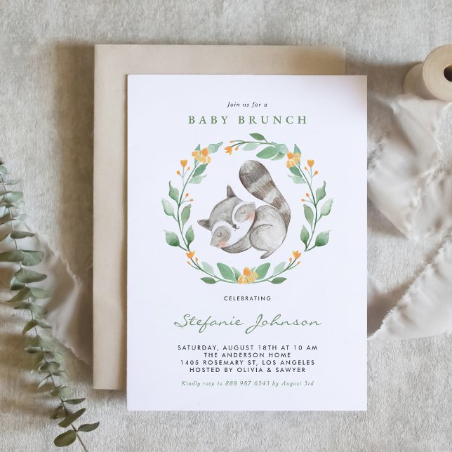Invitación Watercolor Raccoon Wreath Greenery Baby Brunch (Subido por el creador)