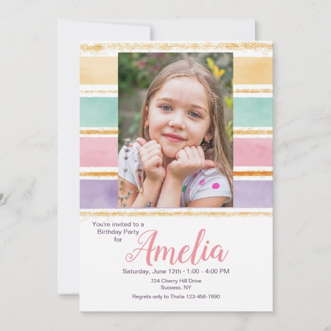 Invitación Watercolor Rainbow Photo Birday Party (Anverso)