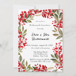Invitación Watercolor Red Berry Wreath Bridesmaids Luncheon