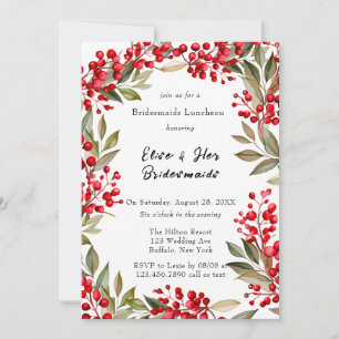 Invitación Watercolor Red Berry Wreath Bridesmaids Luncheon