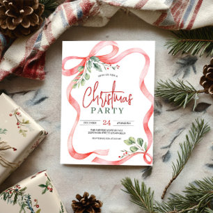 Invitación Watercolor Red Bow & Holly Berries