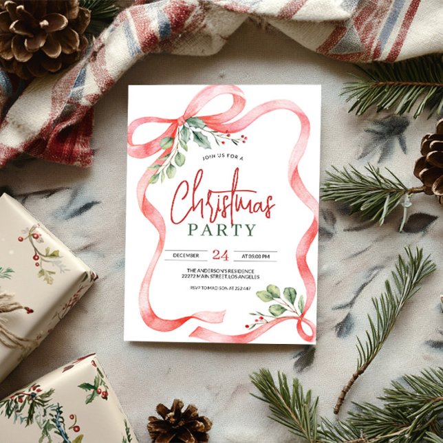 Invitación Watercolor Red Bow & Holly Berries (Subido por el creador)