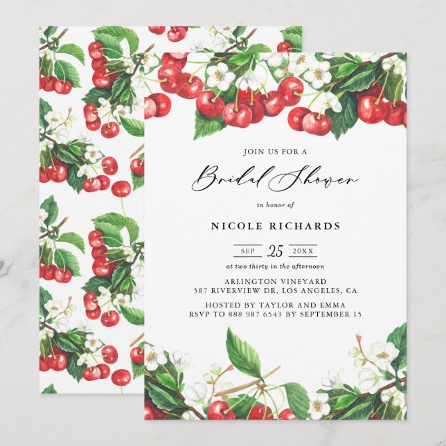 Invitación Watercolor Red Cherries Garland Brillante (Anverso / Reverso)