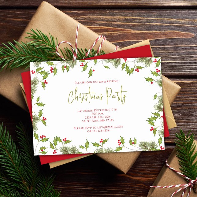 Invitación Watercolor Red Holly Christmas Party Custom (Red and green holly berries and leaves custom Christmas party invitations.)